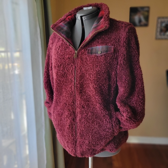 Pendleton Jackets & Blazers - Pendleton Cozy Burgundy Teddy Bear Sherpa Jacket Size Small with Plaid Accents